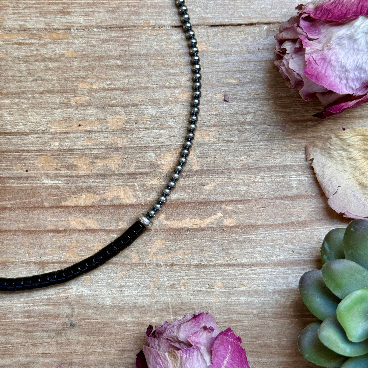 14” Black Onyx Heishi Necklace – Sterling Silver Pearls & Saucers