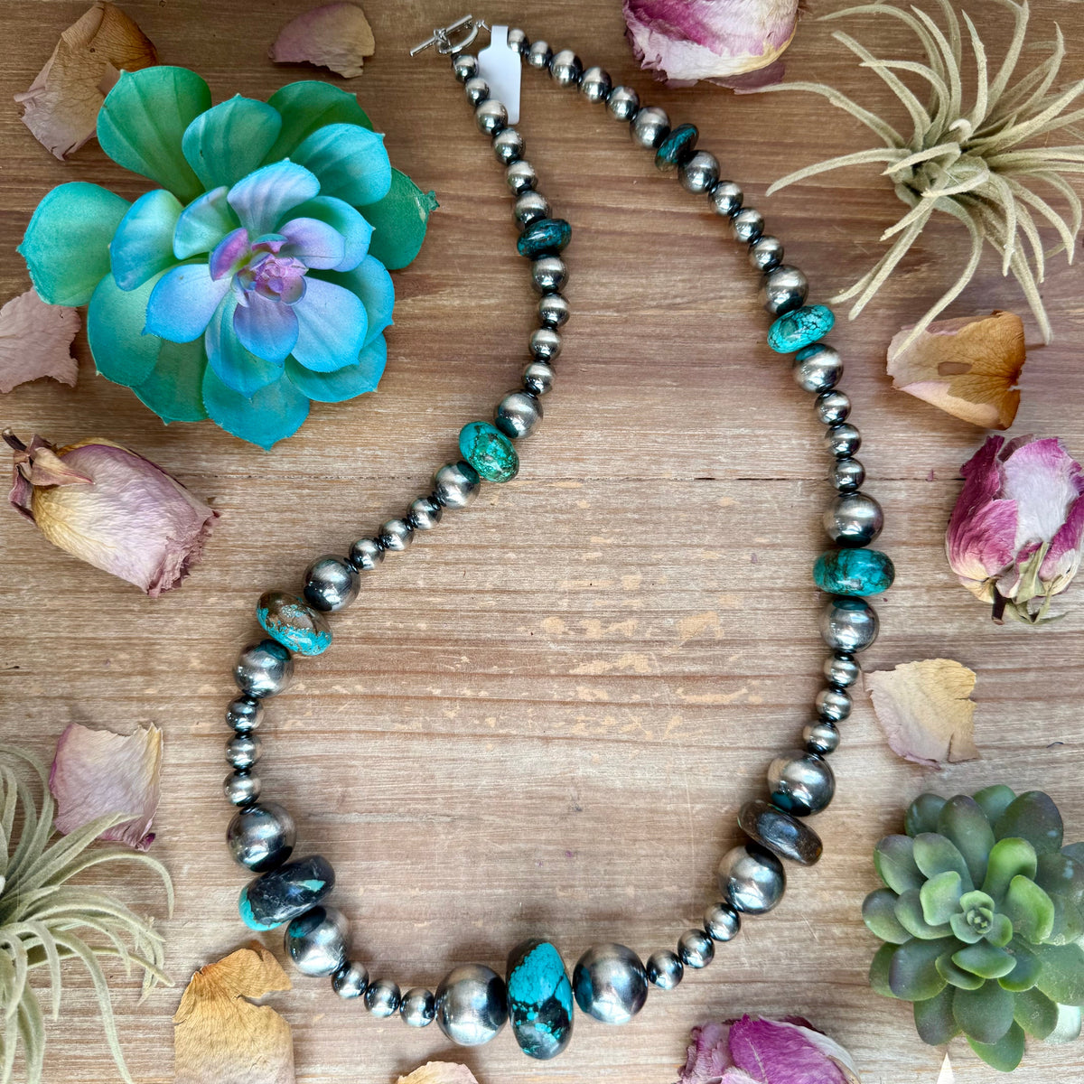 29” Massive Turquoise Rondelle Necklace – Sterling Silver Pearls