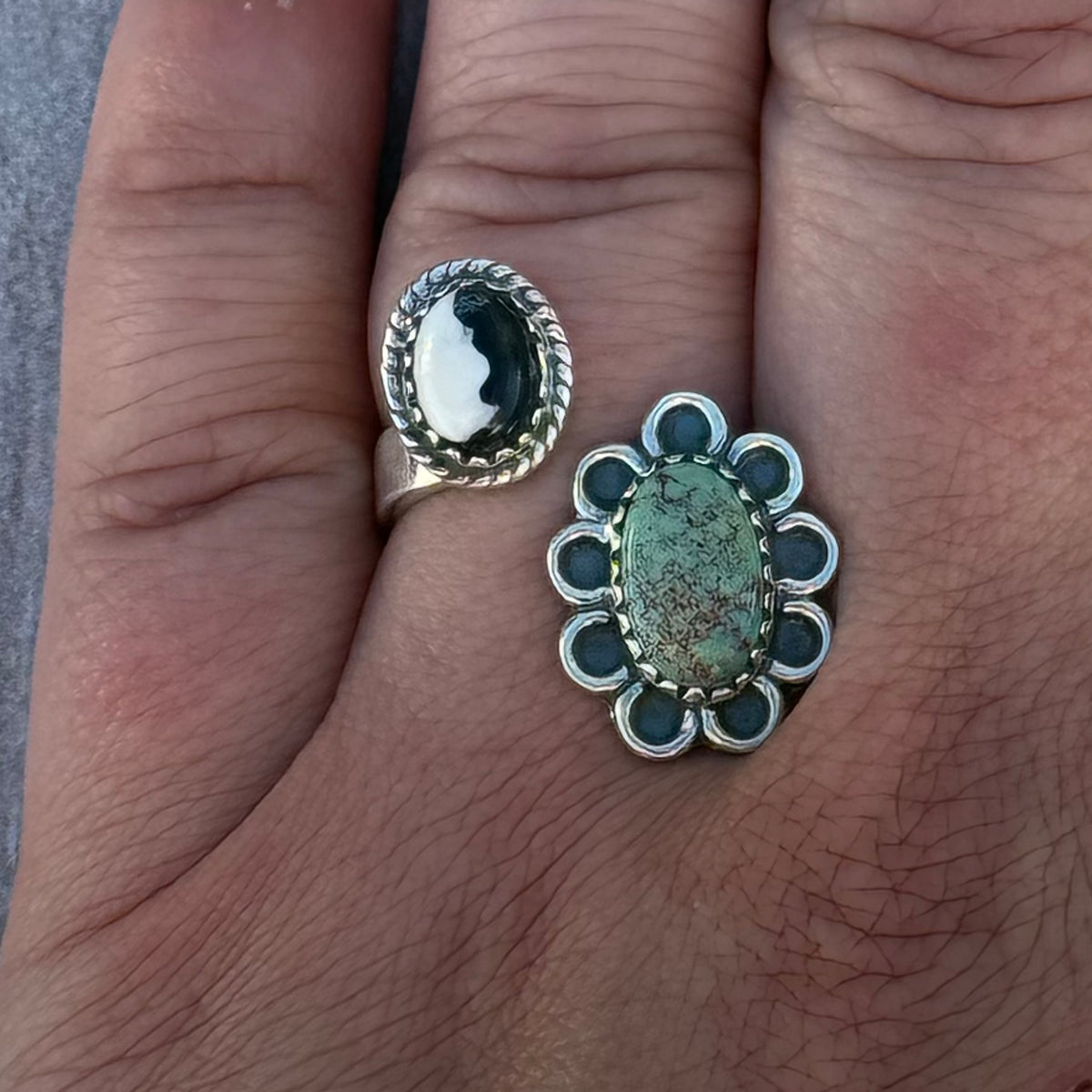 Sterling Silver Cripple Creek Turquoise & White Buffalo Bypass Ring