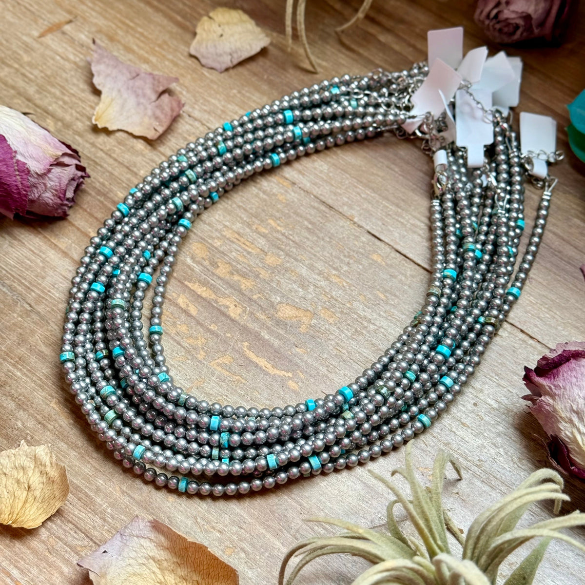 15” Variscite Turquoise Heishi Necklace – 4mm Silver Plated beads