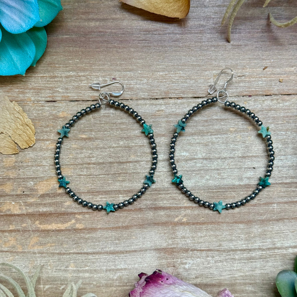 African Turquoise Star Hoop Earrings – 3mm Sterling Silver