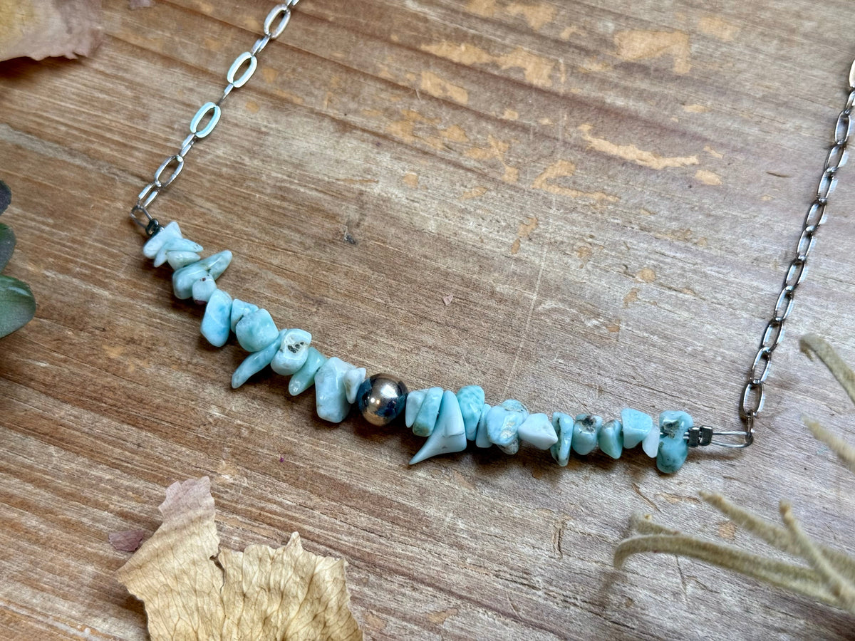 16” Larimar Chip Necklace – Sterling Silver & Paperclip Chain