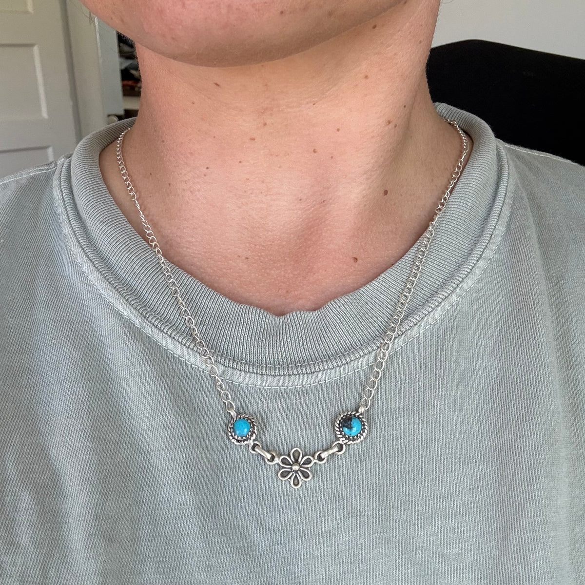 Kingman Turquoise Floral Silver Necklace