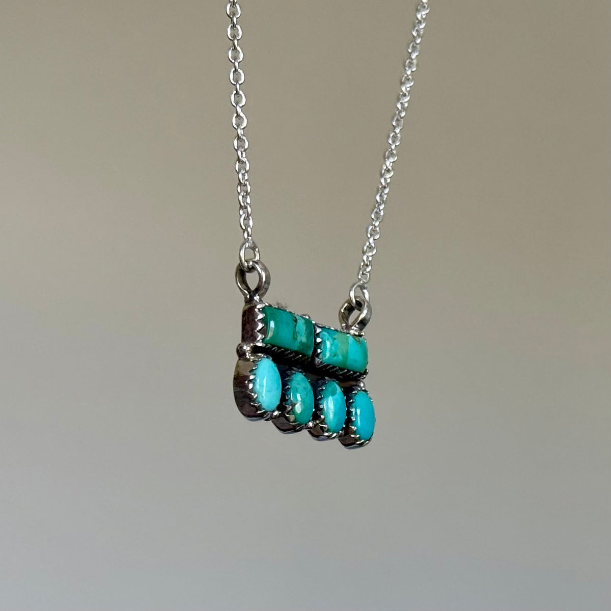 Handmade Sterling Silver Kingman Turquoise 6 Stone Bar Necklace