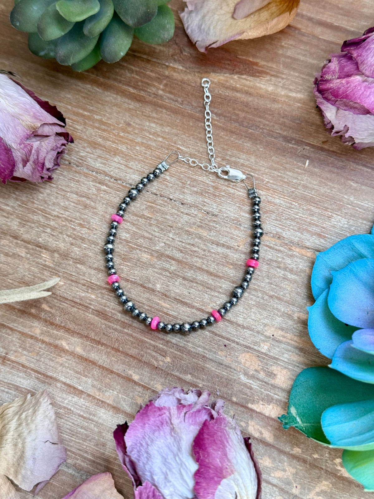 Pink Ethiopian Opal Bracelet – 3–4mm Sterling Silver Pearls