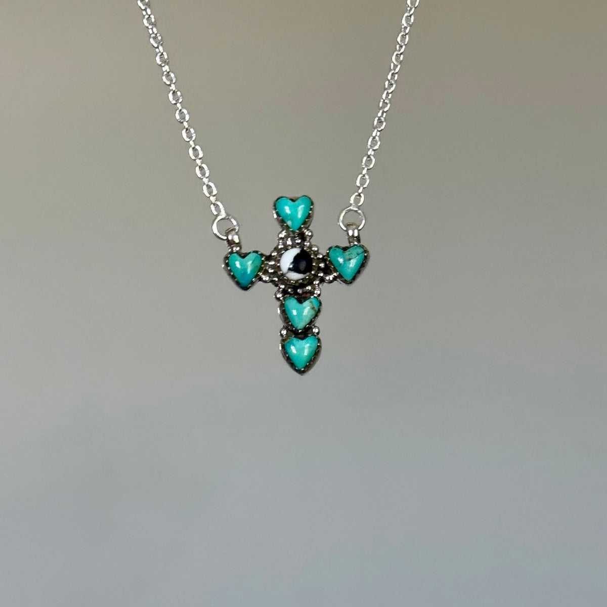 Handmade Sterling Silver Kingman Turquoise and White Buffalo Cross Necklace