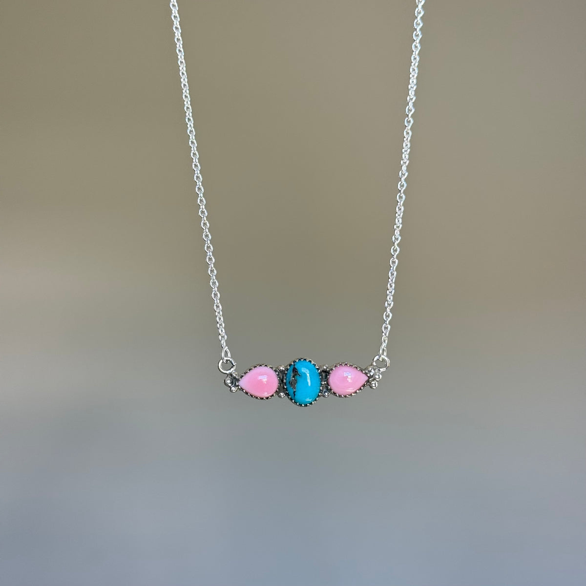 Sterling Silver Pink Conch and  Kingman Turquoise Stone Necklace