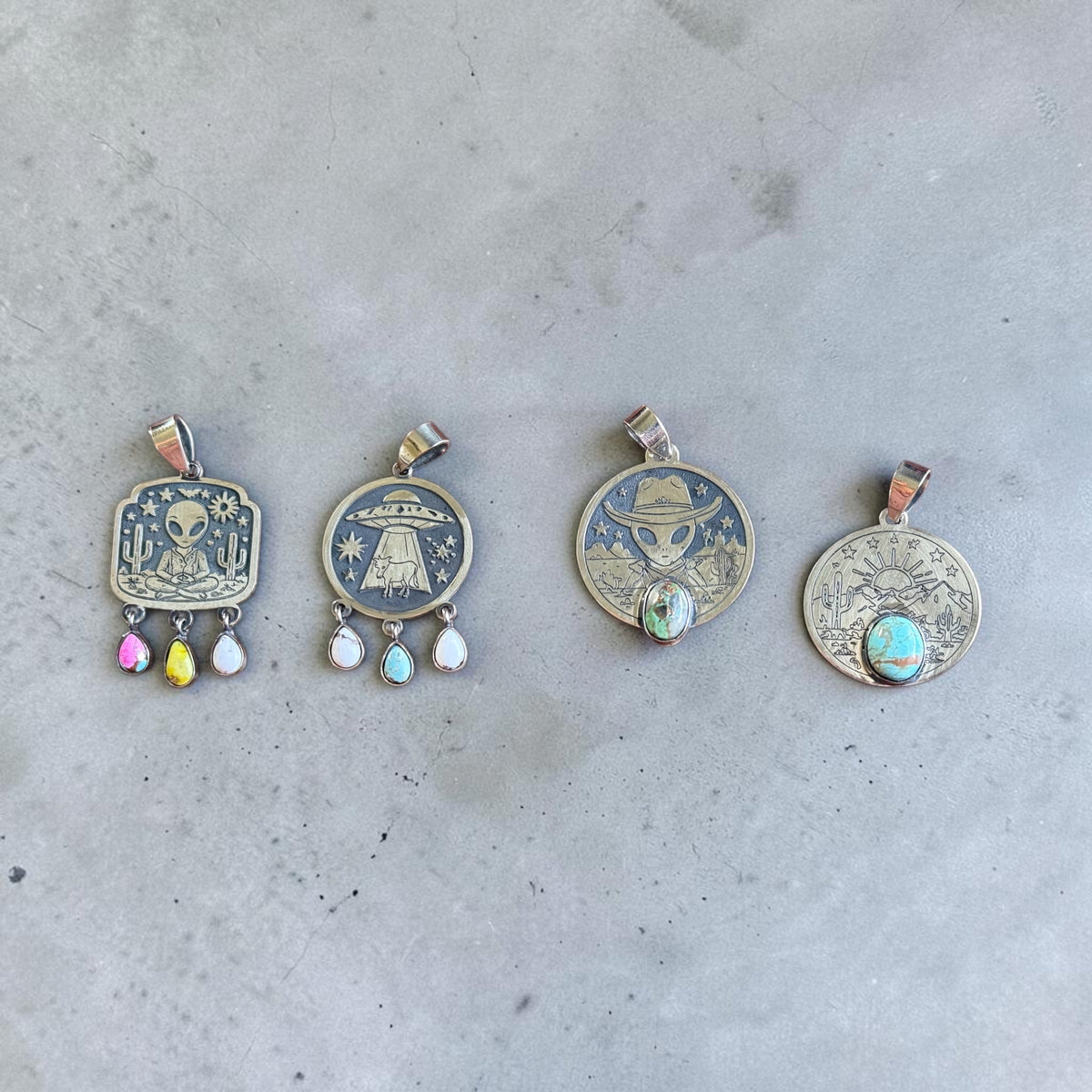 Sterling Silver Cowboy Turquoise Alien Pendants