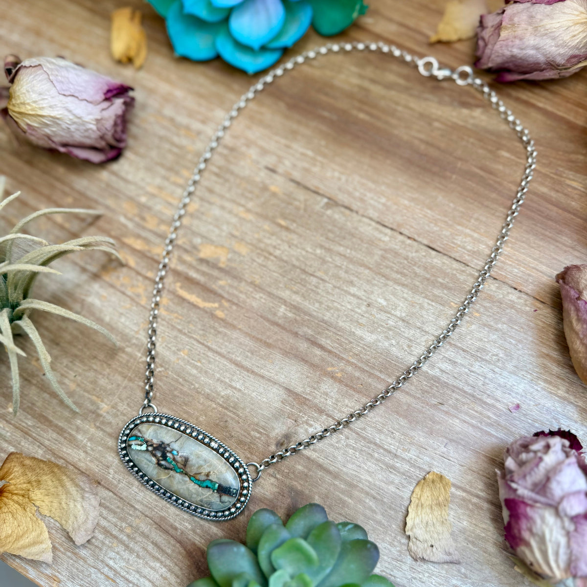 102 - Sterling Silver Ribbon Easter Blue Turquoise Bar Necklace by Jason Ogg