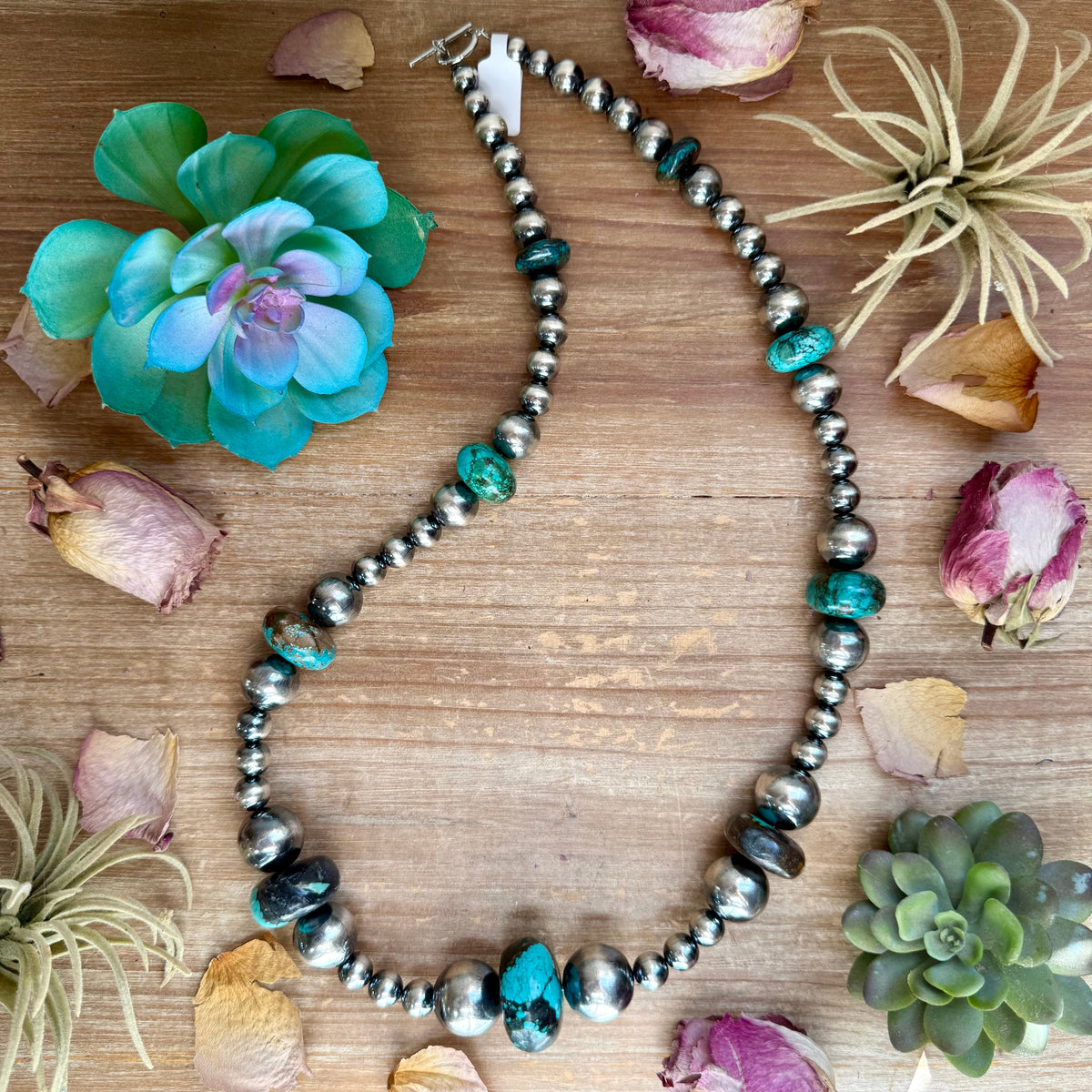 29” Massive Turquoise Rondelle Necklace – Sterling Silver Pearls