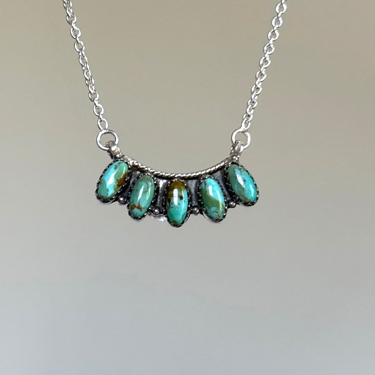 Handmade Sterling Silver Kingman Turquoise 5 Stone Bar Necklace