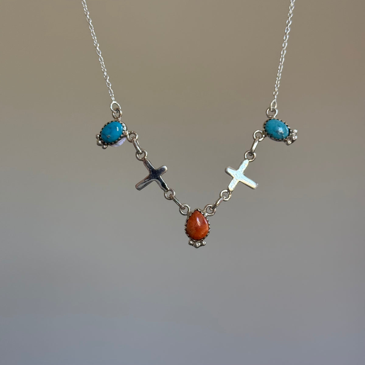 Southwest Sterling Silver Turquoise and Orange Mohave Cross Link Necklace