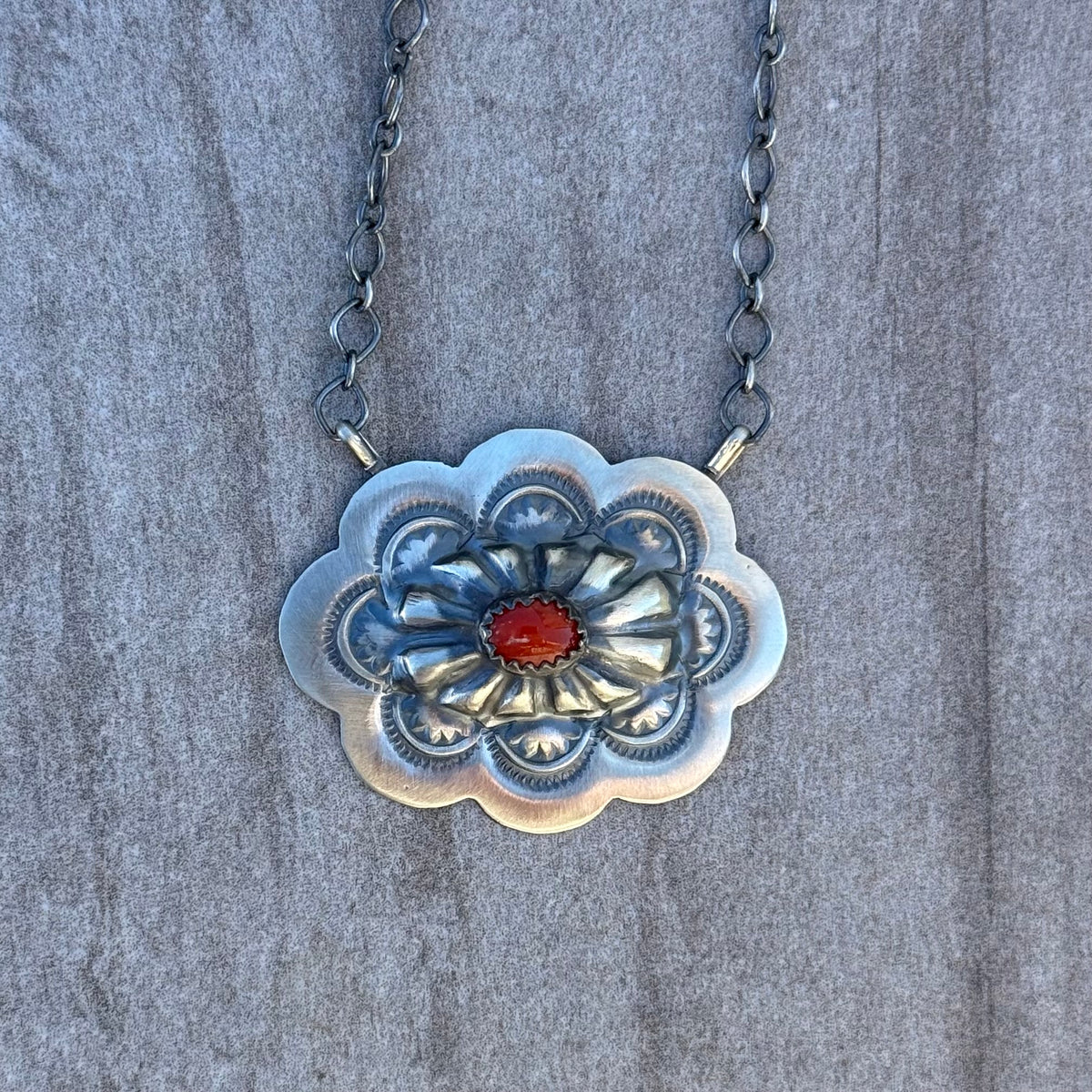 Red Coral and Sterling Silver Concho Necklace *Native Made