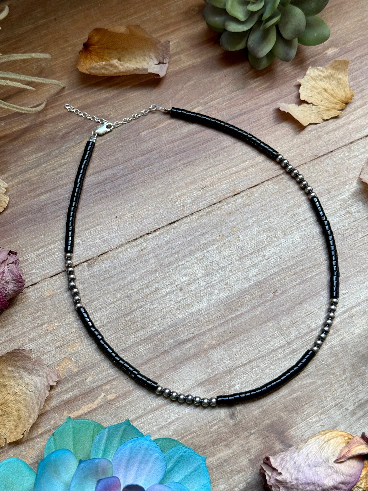 16” Black Onyx Necklace – Sterling Silver Pearls