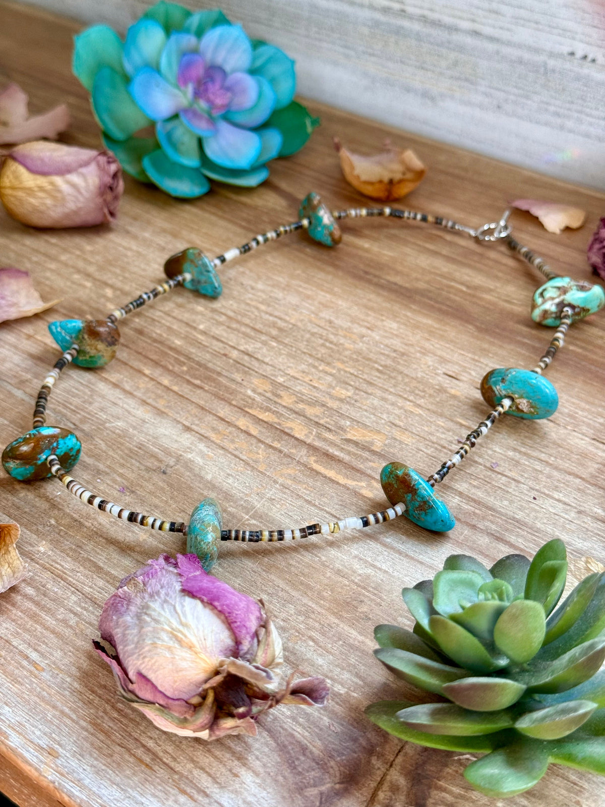22” Chunky Turquoise & Dark Brown Shell Heishi Necklace