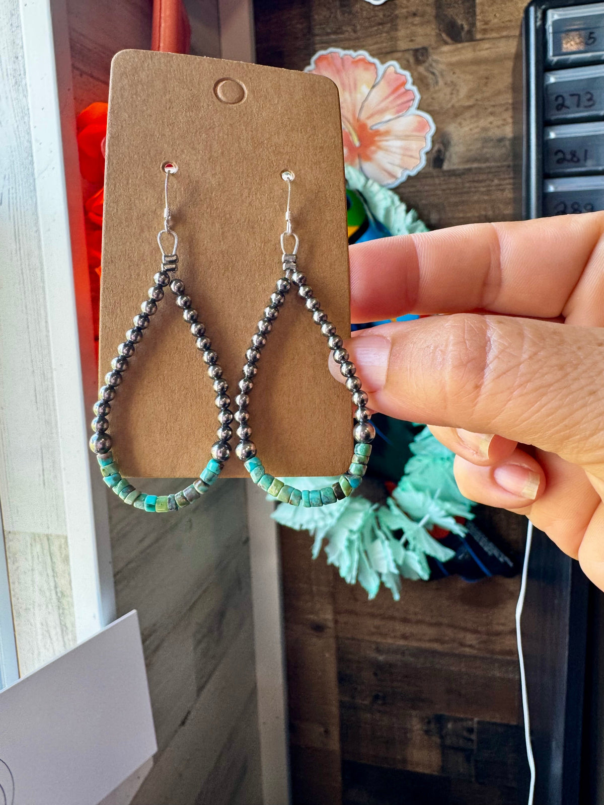 Teardrop Earrings – Sterling Silver Pearl & Blue Turquoise Heishi
