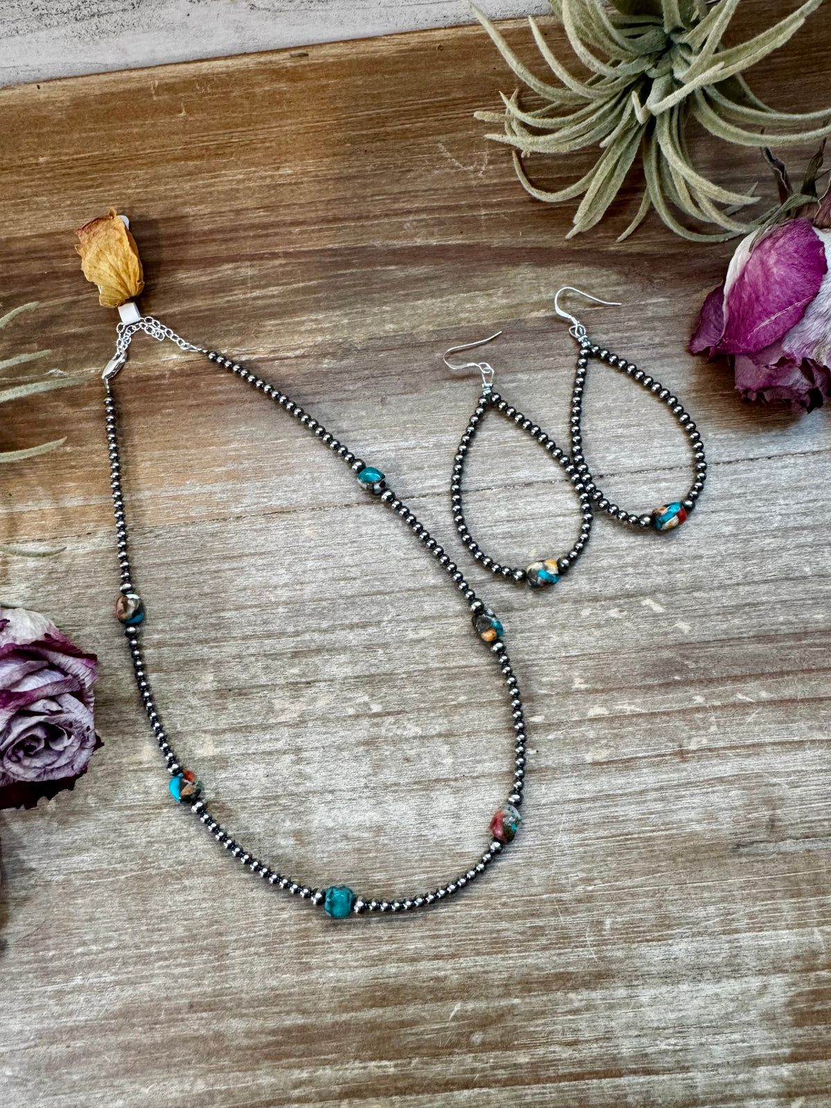 Mixed Turquoise & Spiny Oyster Teardrop Earrings – Sterling Silver Pearls
