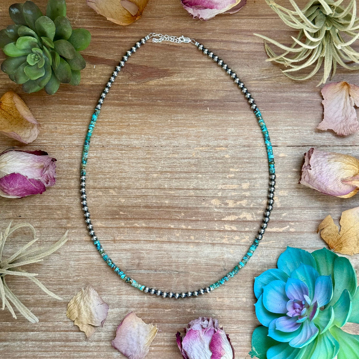 20” Heishi Turquoise Necklace – 4mm Turquoise & 5mm Sterling Silver Pearls