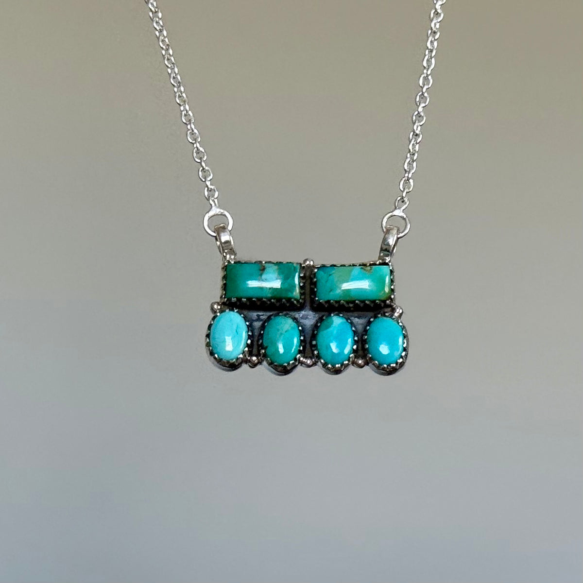 Handmade Sterling Silver Kingman Turquoise 6 Stone Bar Necklace