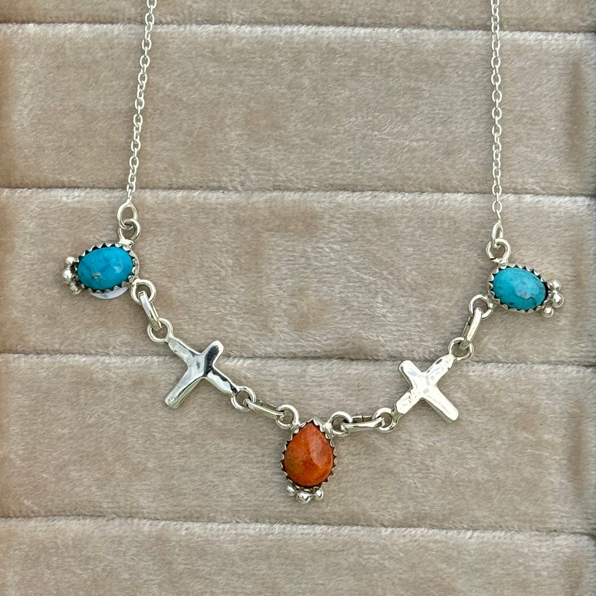 Southwest Sterling Silver Turquoise and Orange Mohave Cross Link Necklace