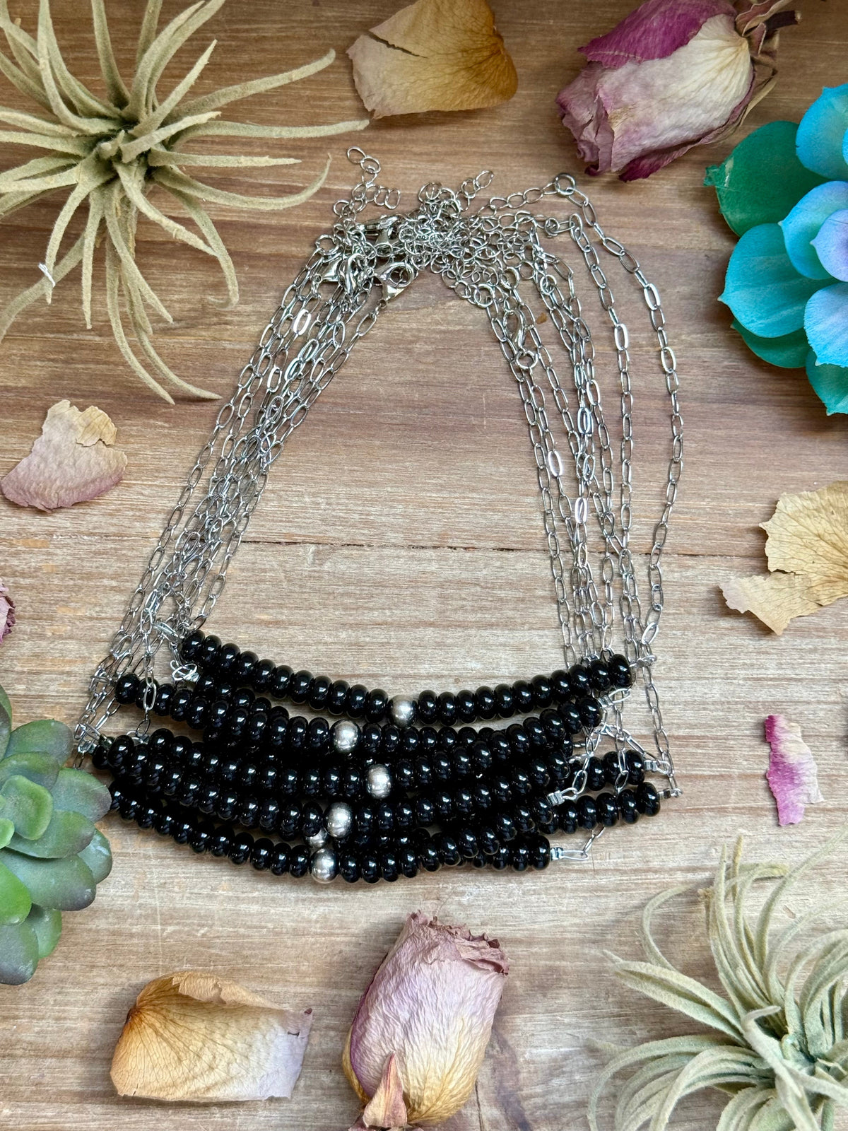 16” Black Onyx Paperclip Necklace – Sterling Silver Accent
