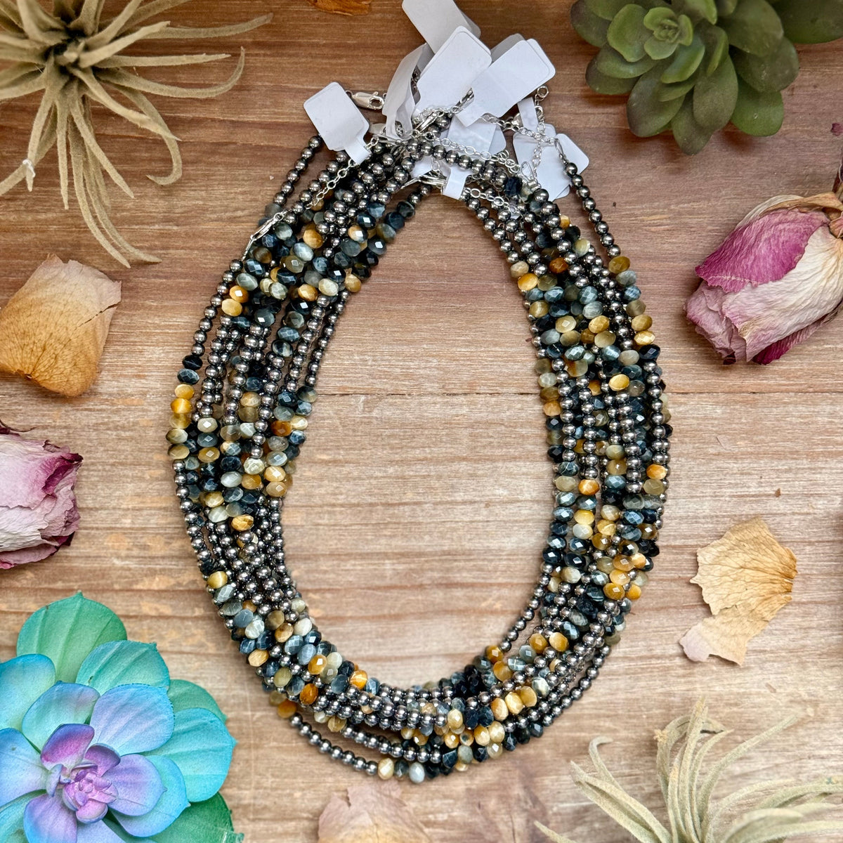 16” Golden Tiger Eye Necklace – Sterling Silver Pearls