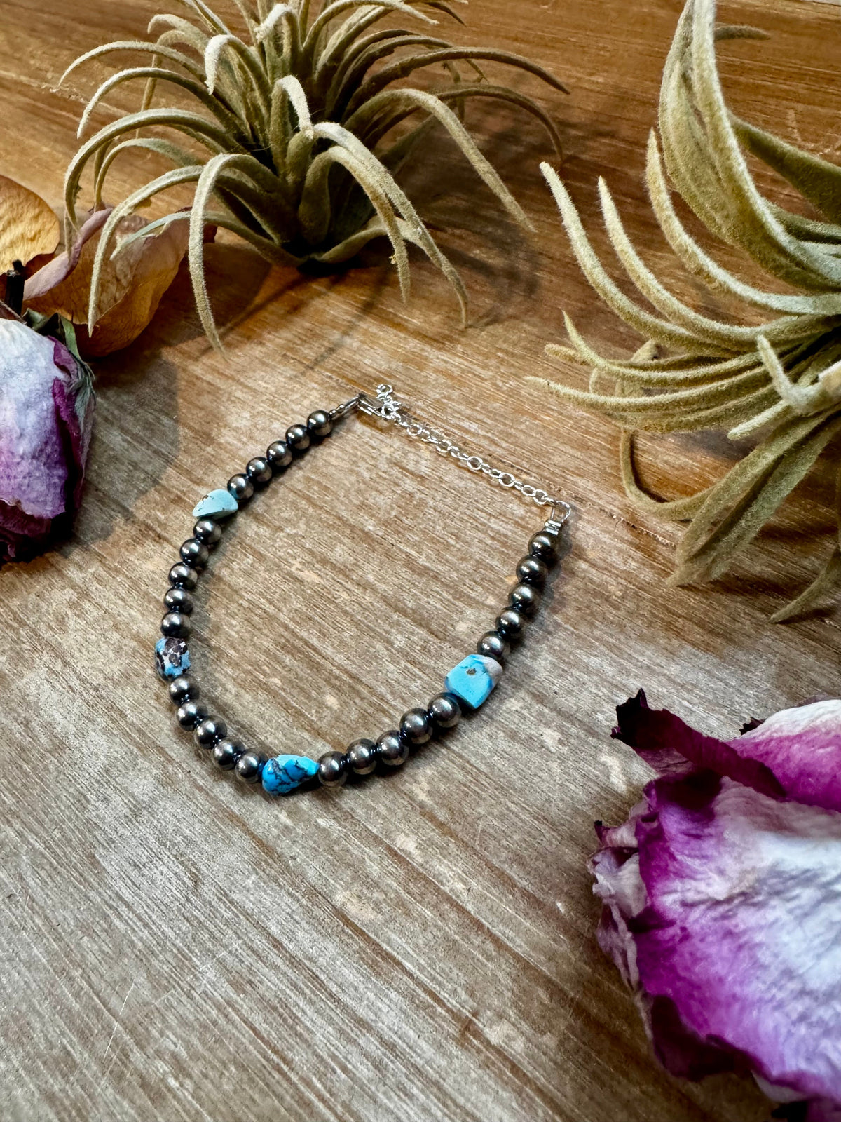 Golden Hill Turquoise Bracelet – 5mm Sterling Silver Pearls