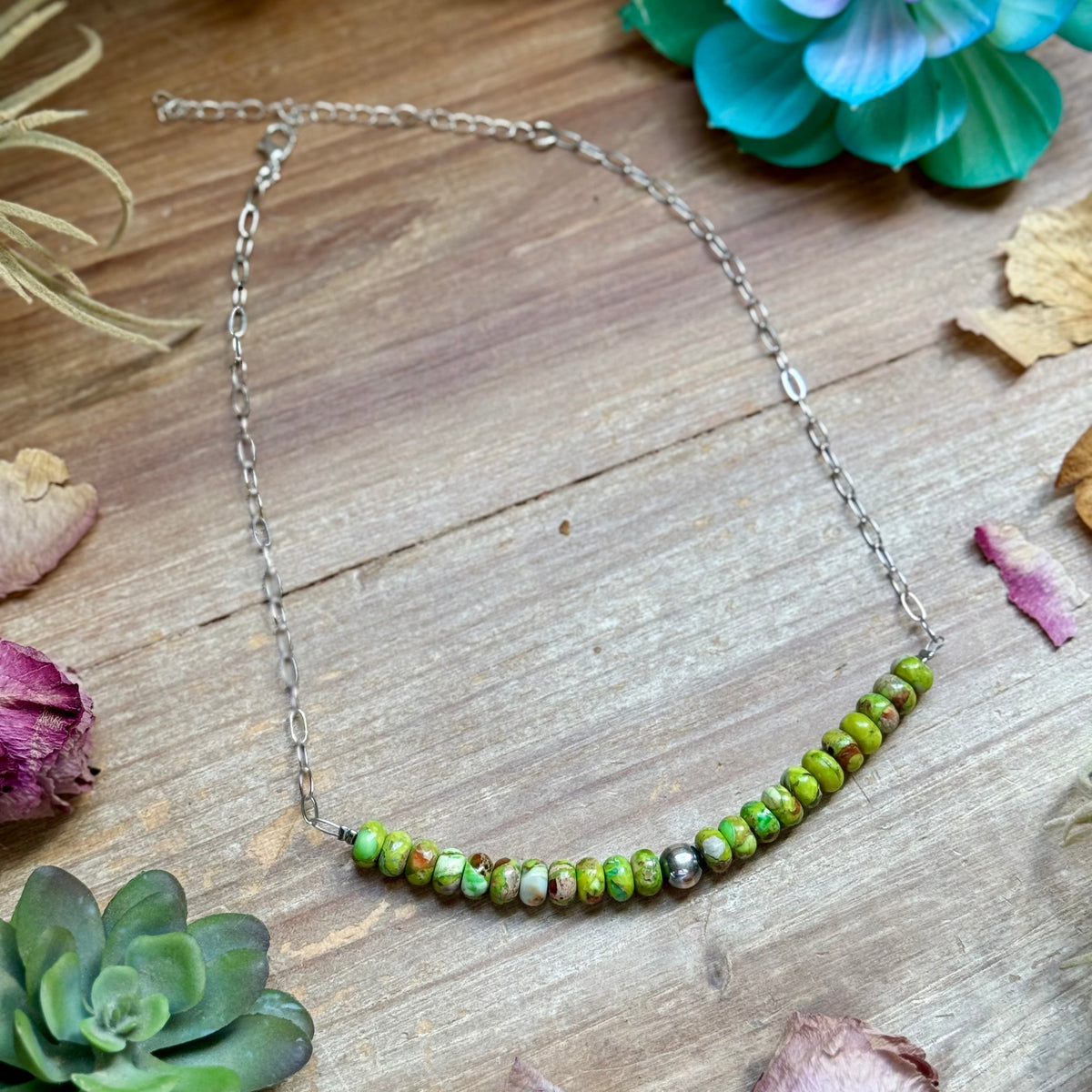 16” Green Variscite Paperclip Necklace – Sterling Silver Accent