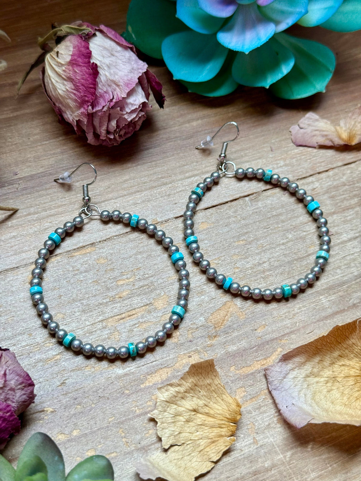 Silver Plated & Blue Variscite Turquoise Hoop Earrings – 4mm Beads