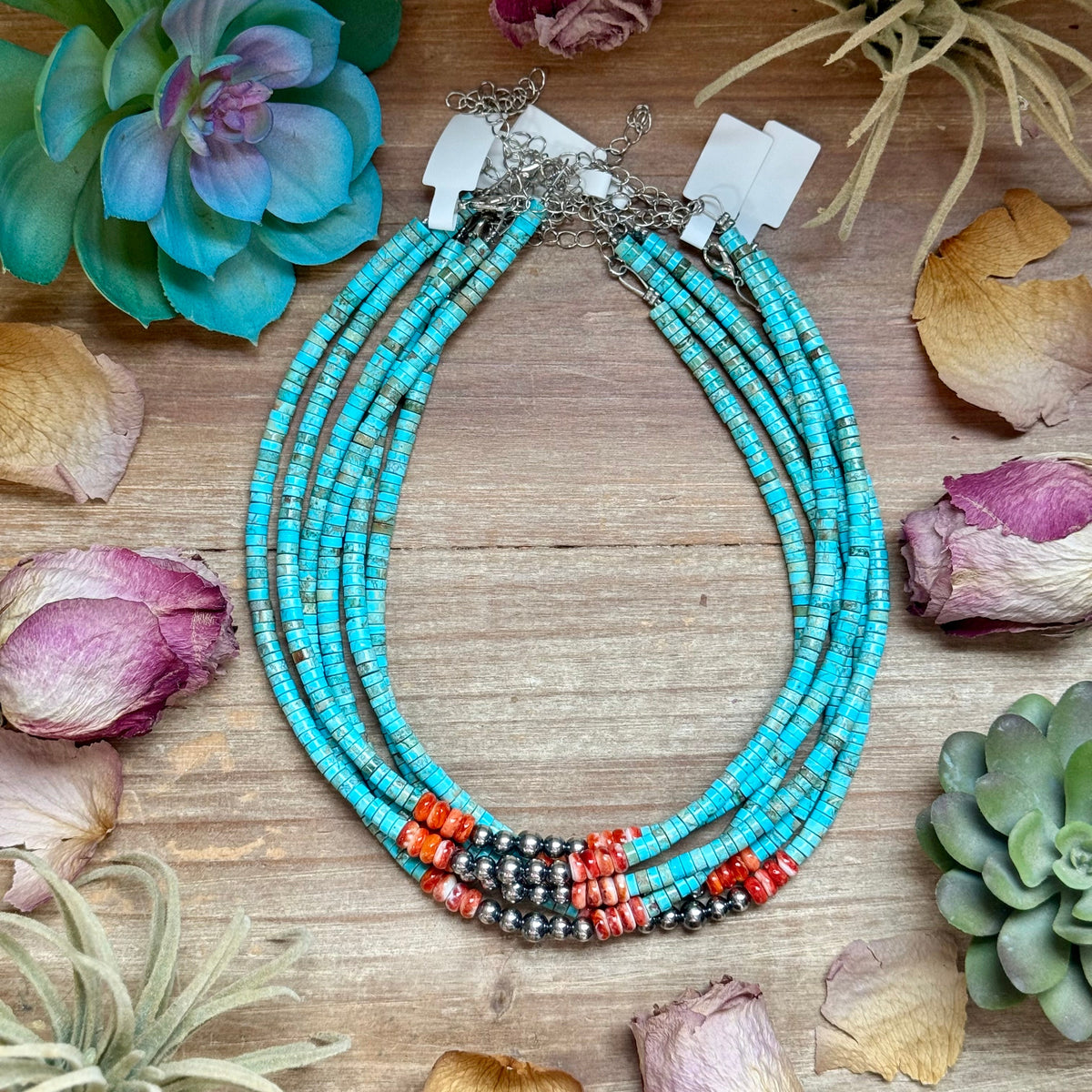 14” Vibrant Choker – Turquoise, Spiny Oyster & Sterling Silver