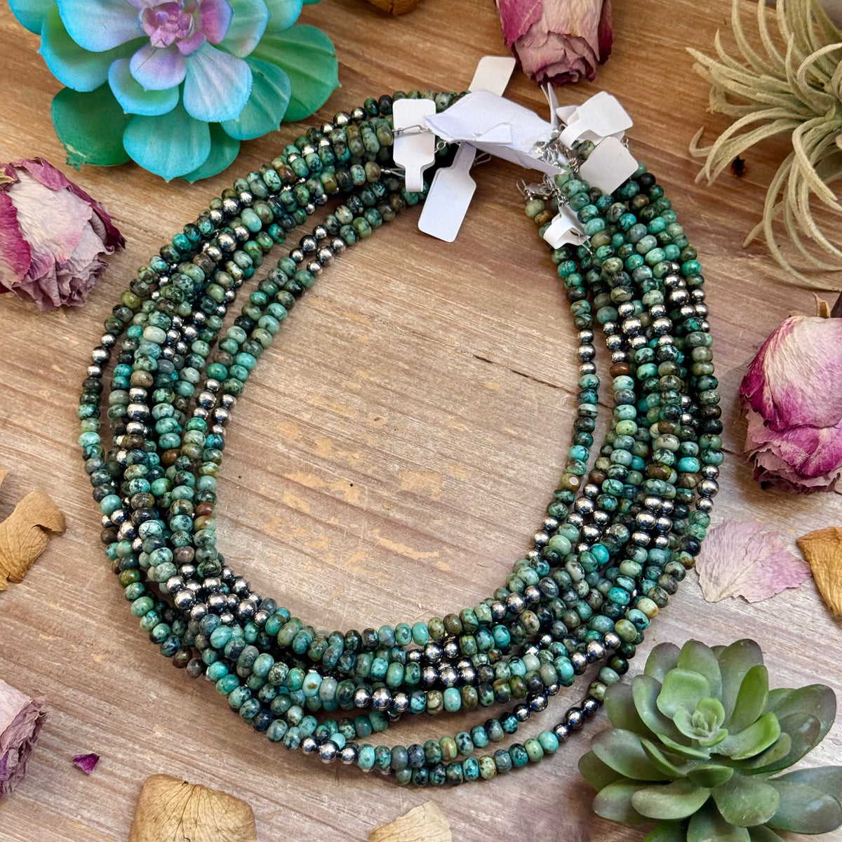 African Turquoise & Sterling Pearl Necklace 19”