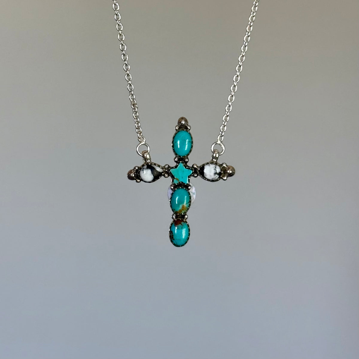 Handmade Sterling Silver Kingman Turquoise and White Buffalo Cross Necklace