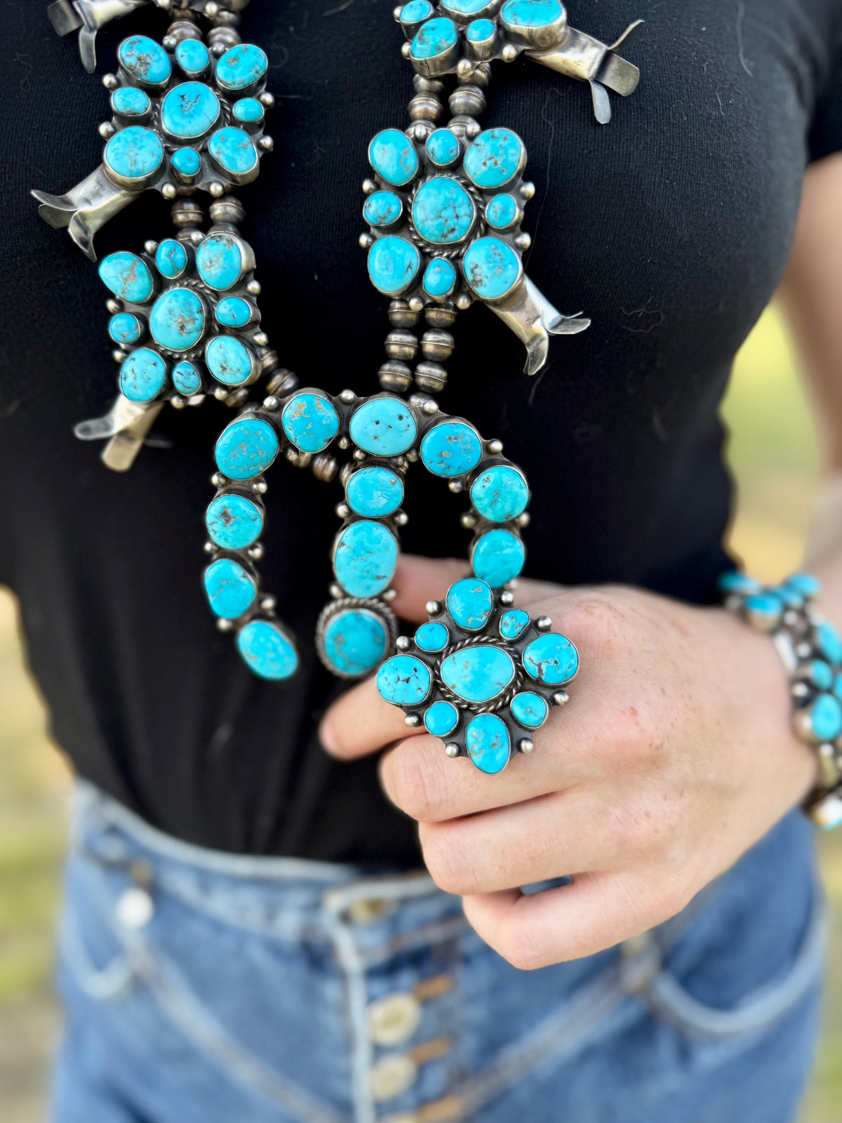 Complete Squash Blossom Set – Kingman Turquoise – Sterling Silver – Navajo Made by Wilson Dawes