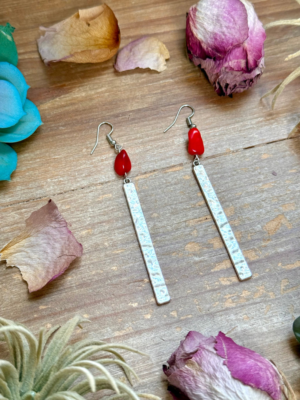 Dyed Coral Earrings – Silver Plated Hook & Dangle