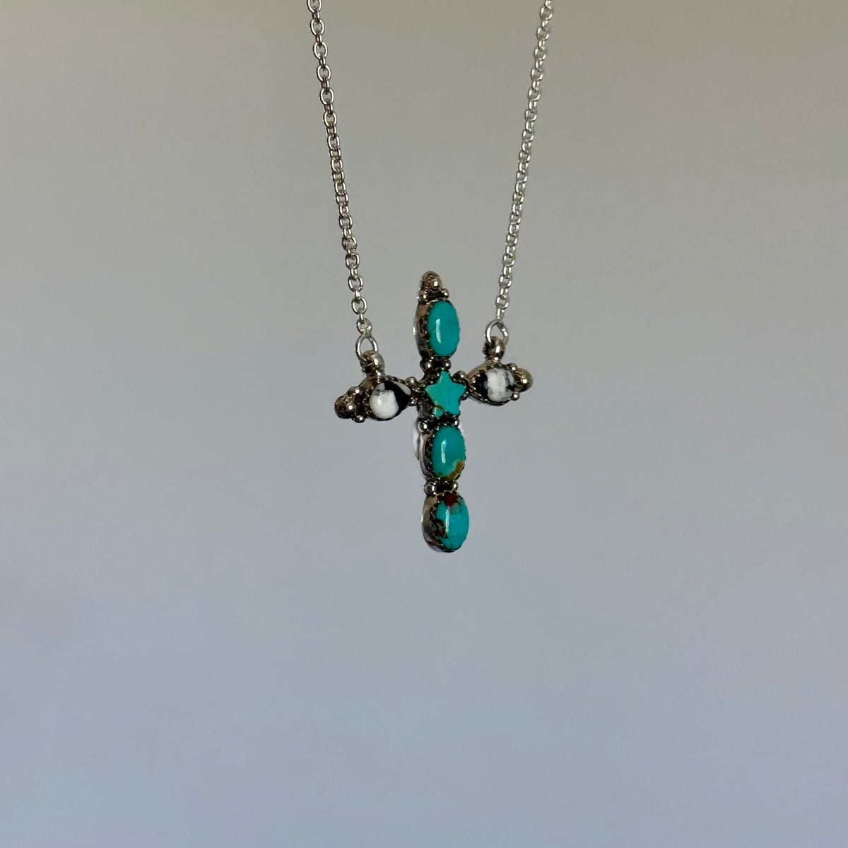 Handmade Sterling Silver Kingman Turquoise and White Buffalo Cross Necklace