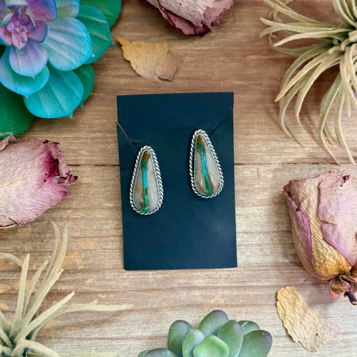 15 - Sterling Silver Ribbon Royston Turquoise Stud Earrings by Jason Ogg