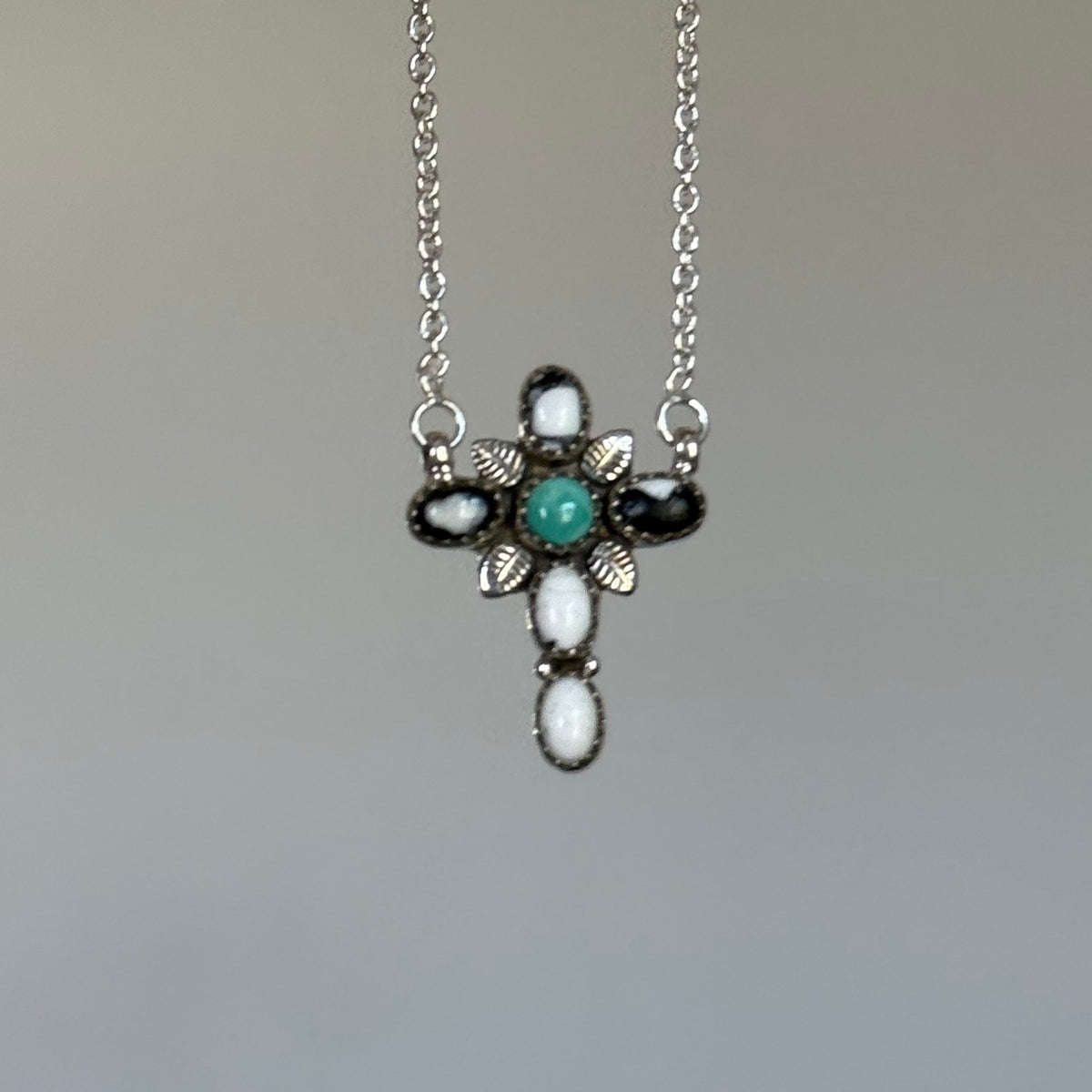 Handmade Sterling Silver Kingman Turquoise and White Buffalo Cross Necklace