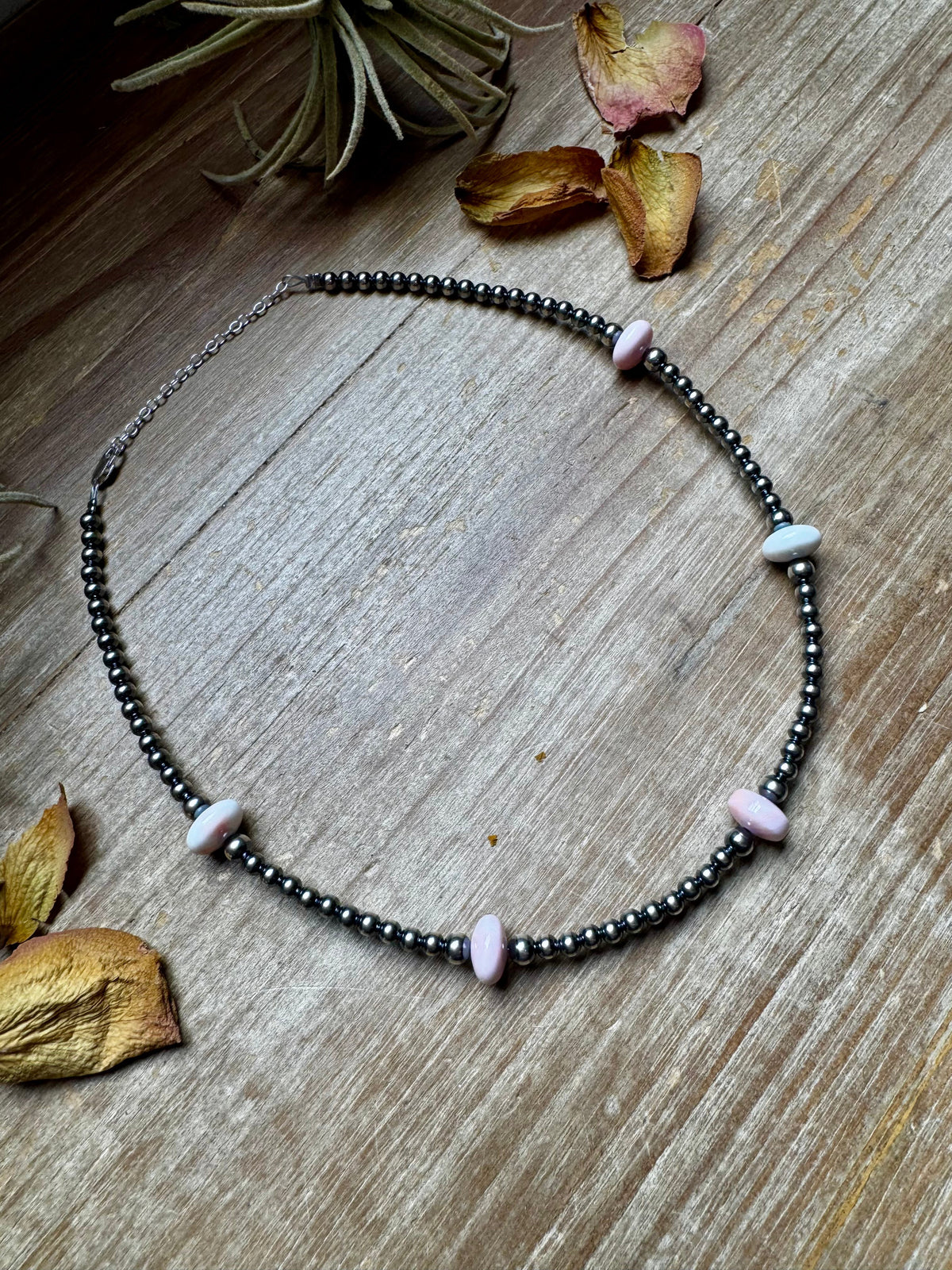 15 Inch Pink Conch Saucer Necklace and Sterling Silver Beads