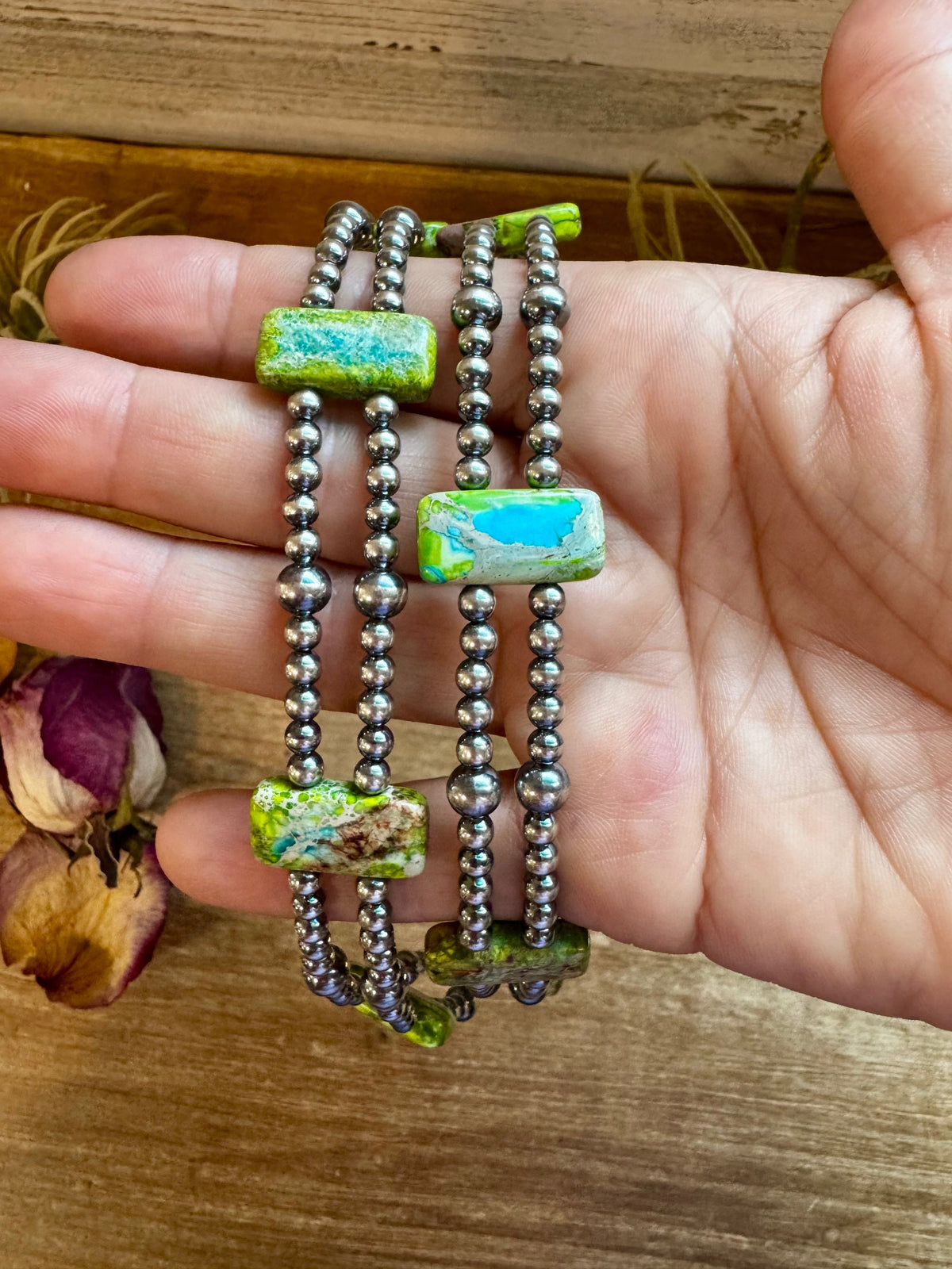 Green/Blue Double Strand Necklace – 13” Beaded – Sterling Silver Pearls & Rectangle Variscite Turquoise