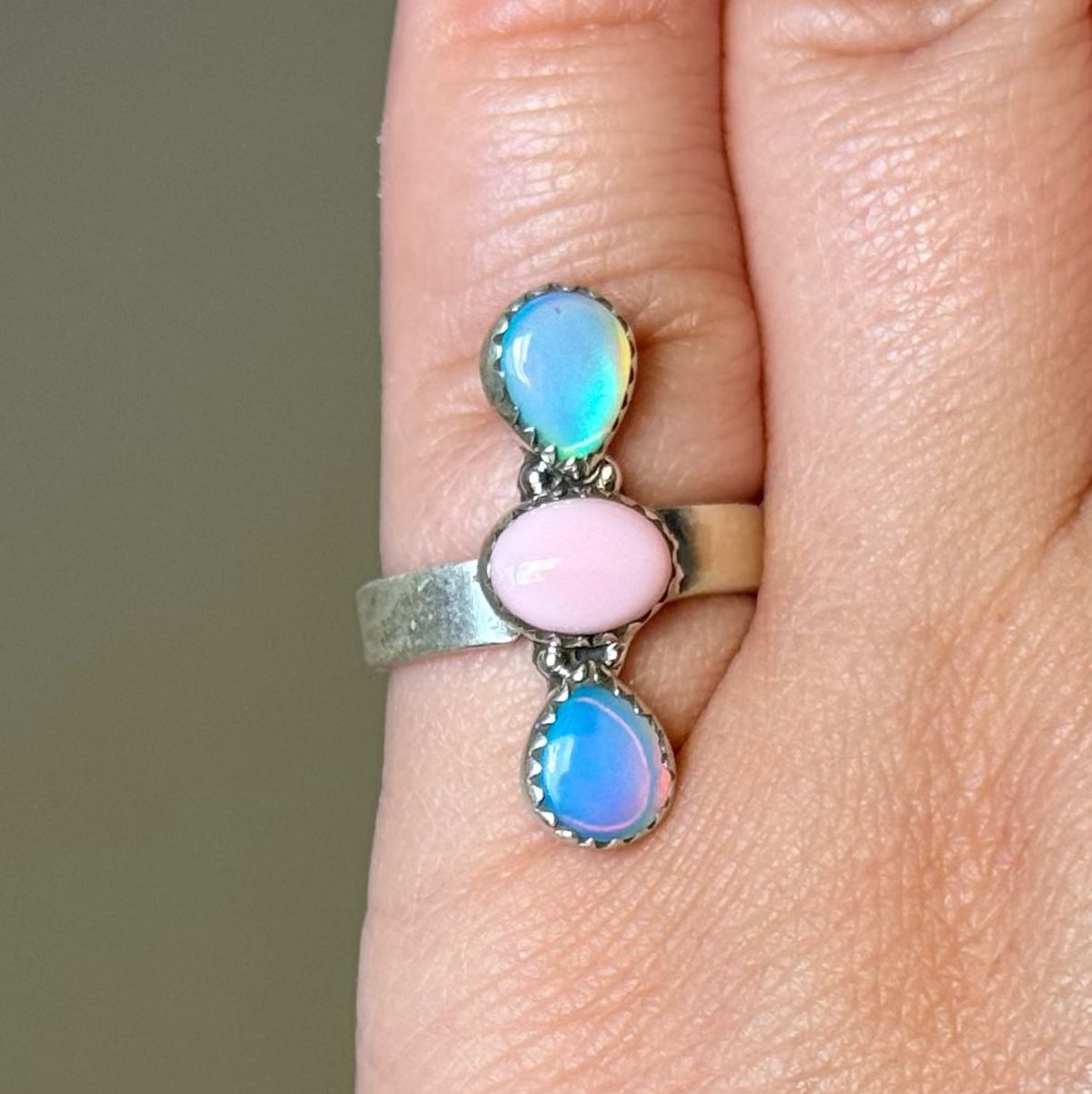 Pink Conch & Opal Adjustable Ring