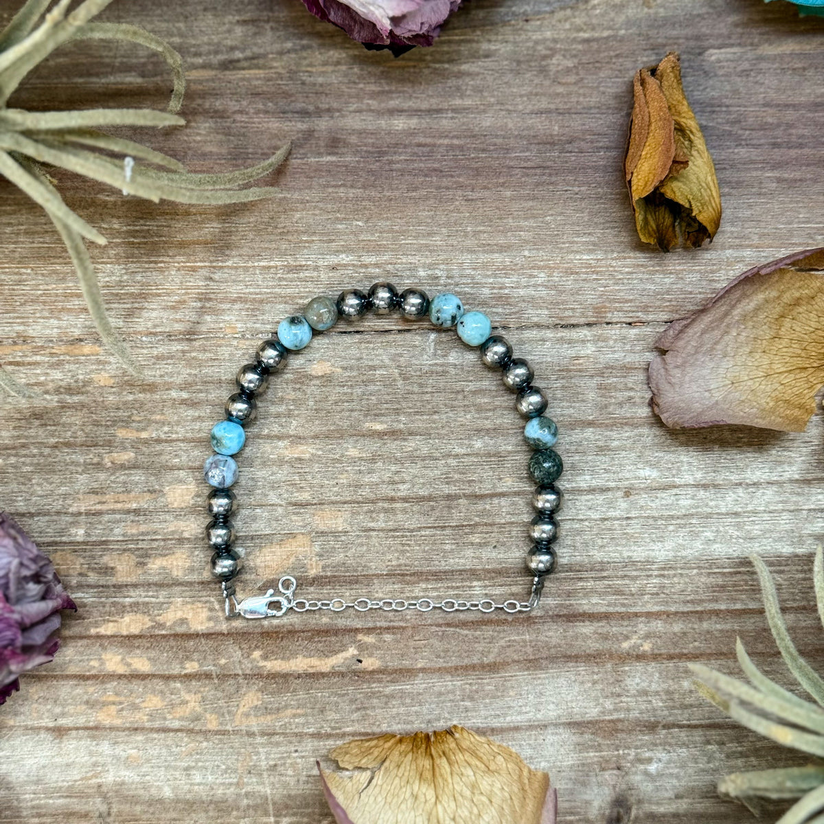 Sterling Silver & Larimar Bracelet  – 6 mm Beads