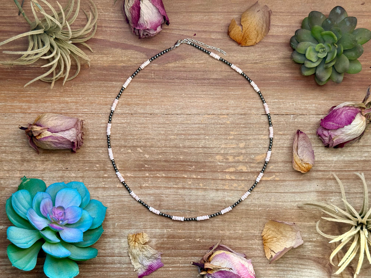 Pink Conch Heishi & 3mm Sterling Silver Pearl Necklace 20 inch