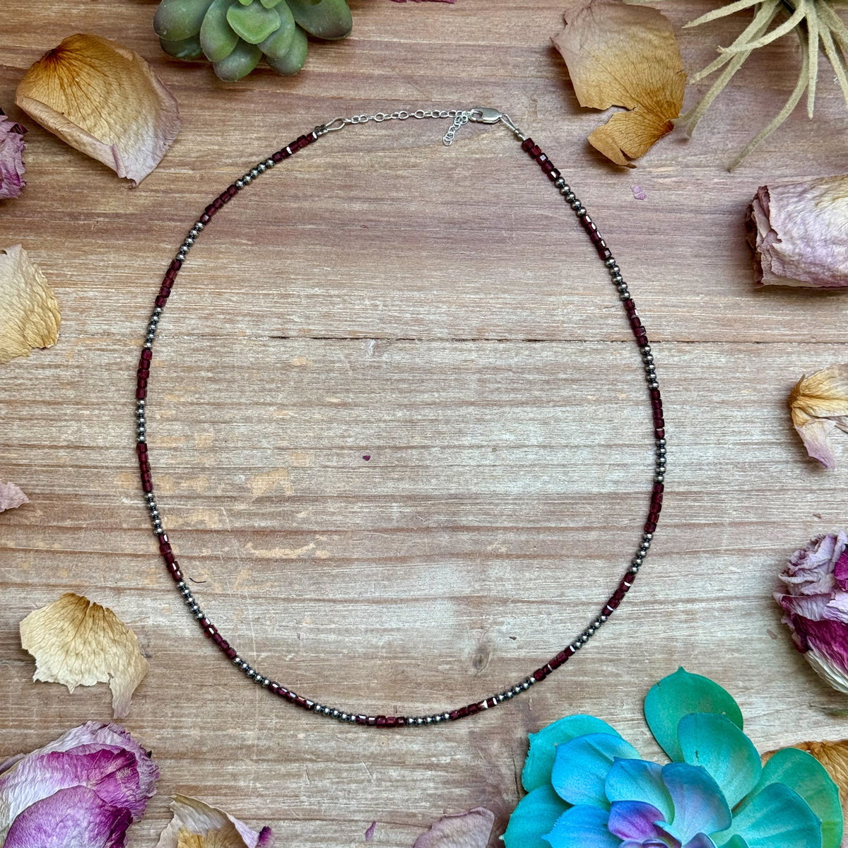Dark Red Natural Garnet Necklace with Sterling Silver Pearls – 18.5”