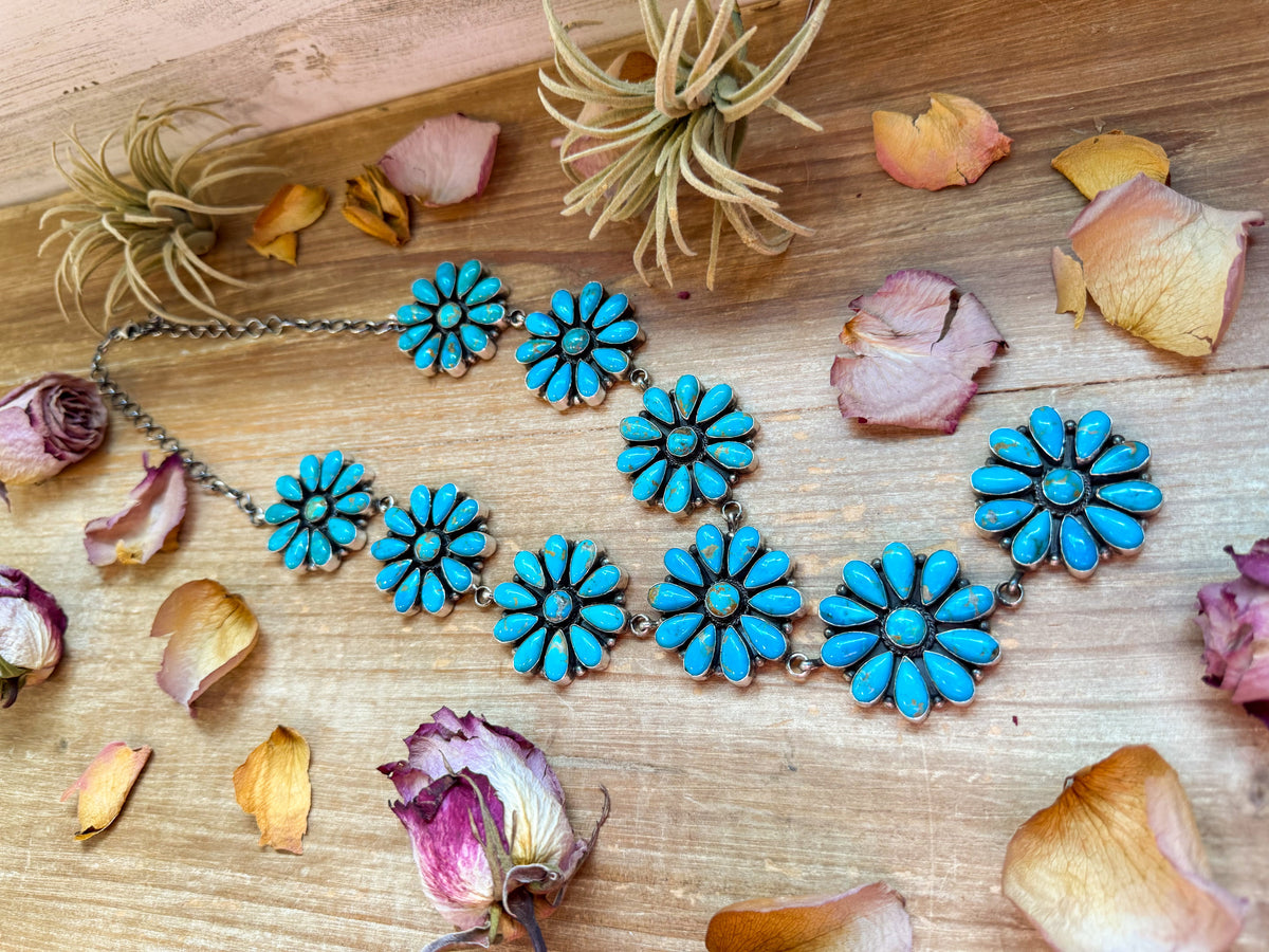 Sterling Silver Kingman Turquoise Flower Lariat Necklace – 25 Inch + 5½ Inch Drop – Native Made by A. Spencer – USA Made