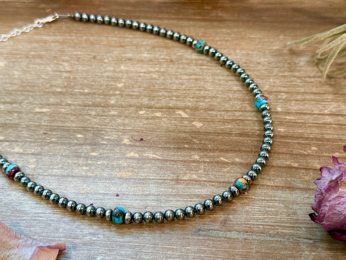 Mohave & Sterling Silver Beaded Necklace – 4 mm Sterling + 6 mm Mohave