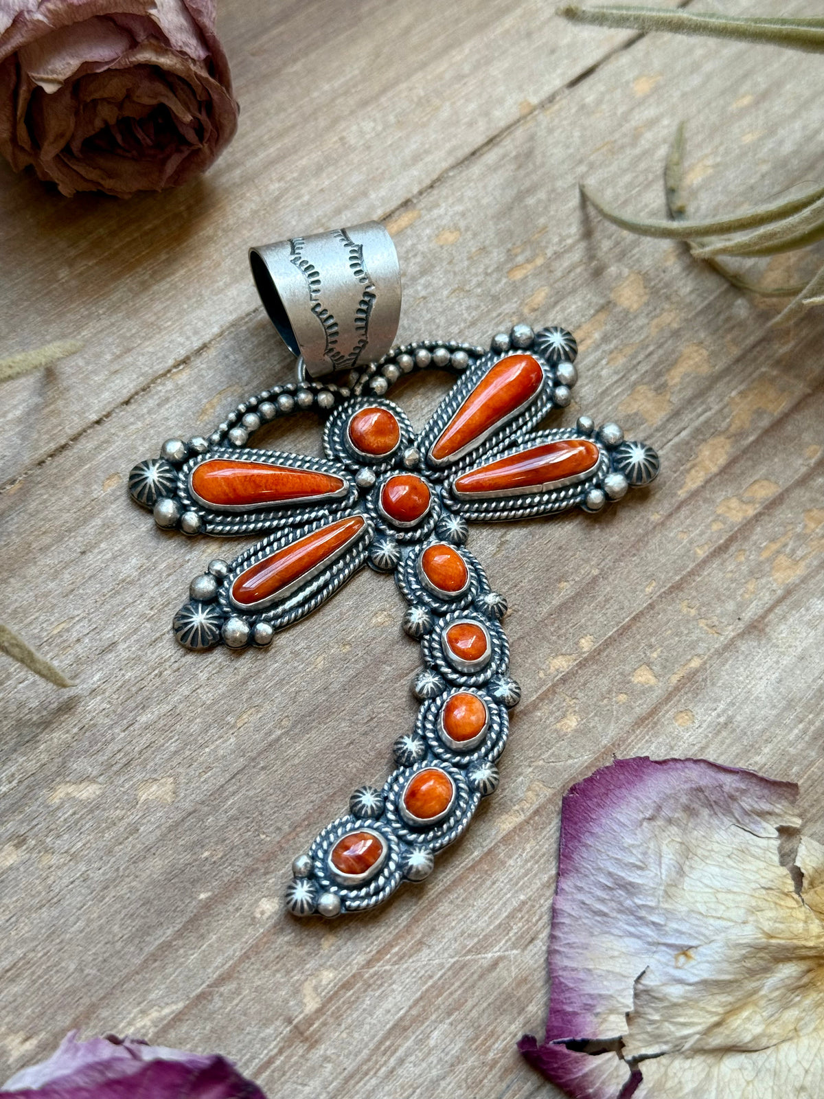 Sterling Silver Orange Spiny Oyster Dragonfly Pendant – Fits Up to 15 mm Beads – Artist Shay Pfeiffer