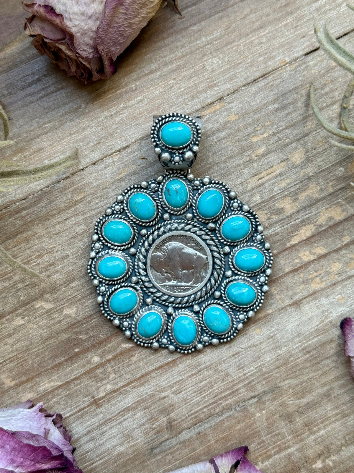 Sterling Silver Kingman Turquoise & Buffalo Nickel Cluster Pendant – Artist Shay Pfeiffer