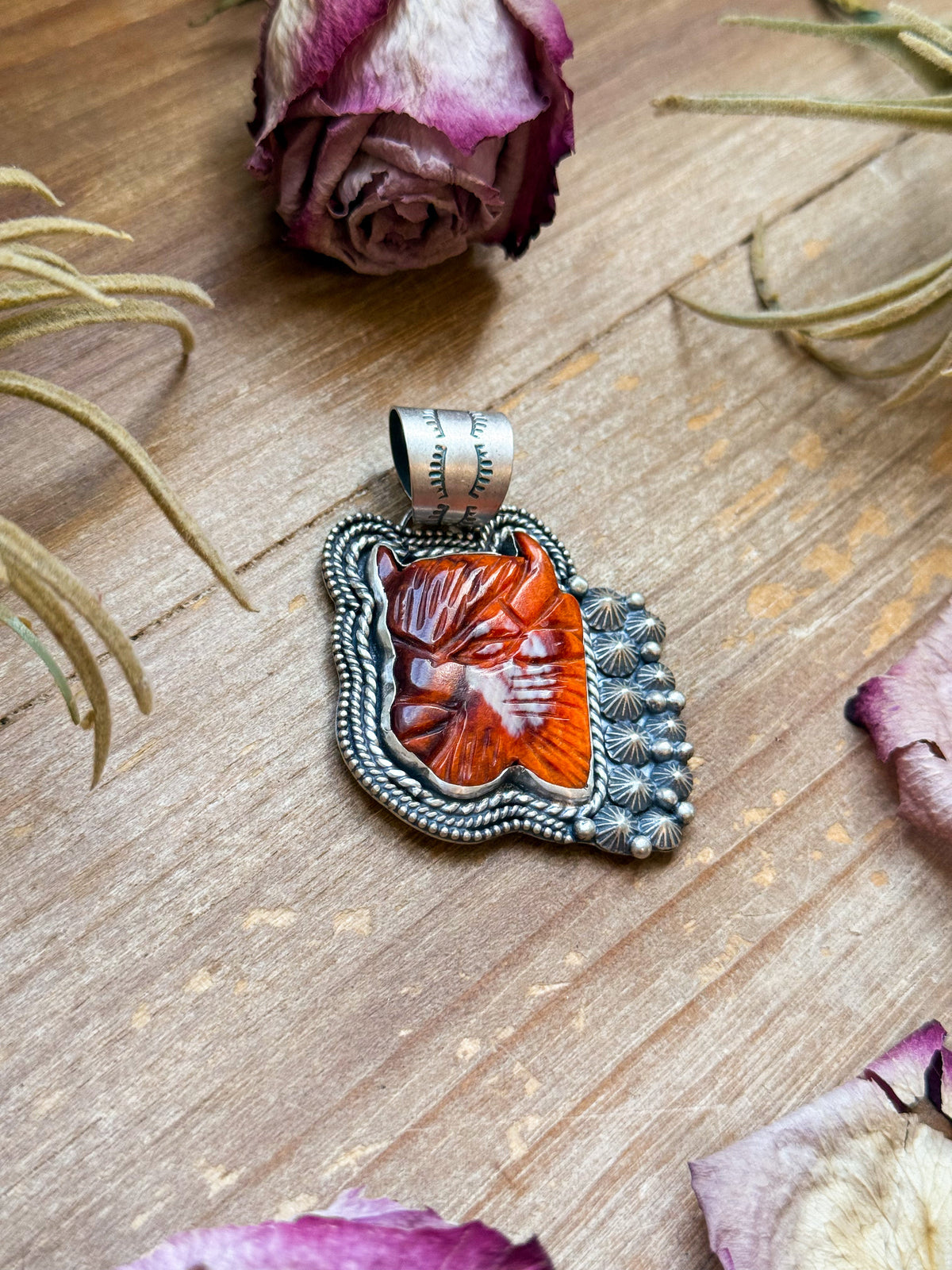 Sterling Silver Autumn Spiny Oyster Buffalo Pendant – Handmade by Artist Shay Pfeiffer