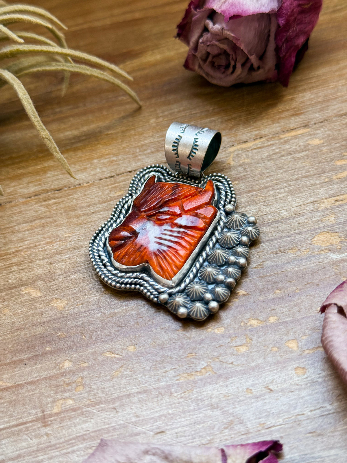 Sterling Silver Autumn Spiny Oyster Buffalo Pendant – Handmade by Artist Shay Pfeiffer