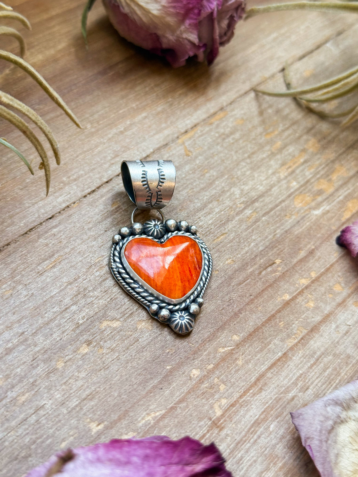 Sterling Silver Orange Spiny Oyster Heart Pendant – Handmade by Artist Shay Pfeiffer